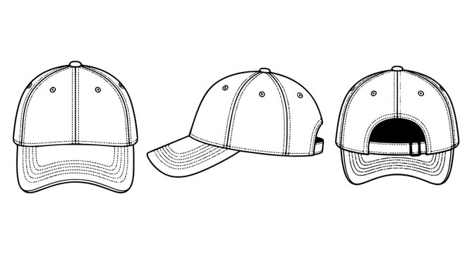Baseball Cap Technical Flat Template Front Side and Back View Vector