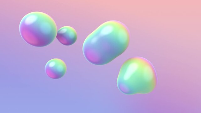 Iridescent liquid 3D blobs morphing on pastel gradient background, seamless loop 4K