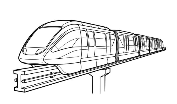 Futuristic Monorail Train Three Quarter Outline Vector Illustration