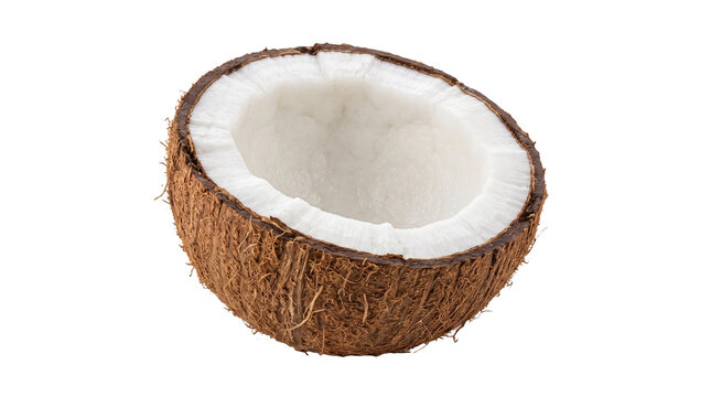 A halved coconut with visible white flesh rests against a plain white background tropical