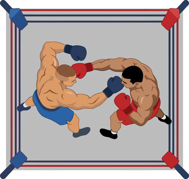 Two boxers exchanging punches in a ring, dynamic action illustration. sport competition concept