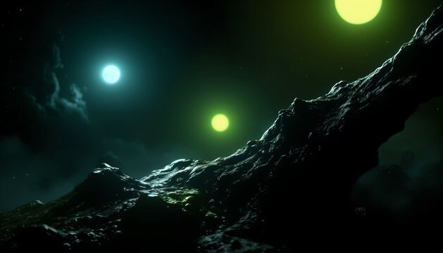 Dark Alien Mountain Landscape with Green Lights