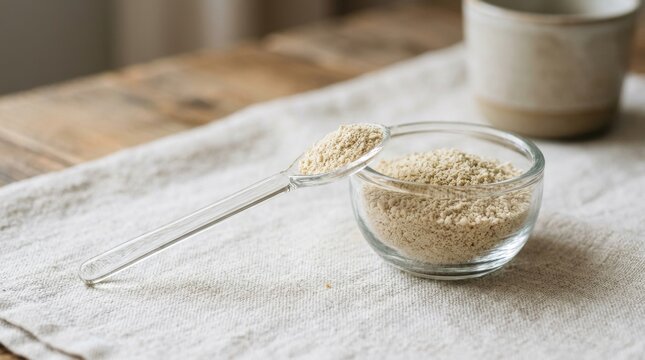 Fine sesame powder in glass bowl with measuring spoon on cloth