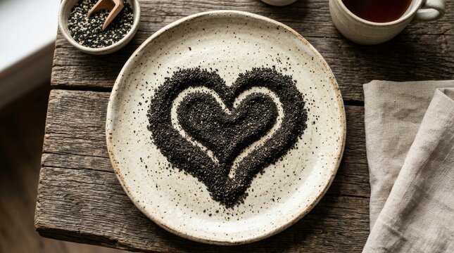 Heart shaped sesame seed design on ceramic plate with coffee setup
