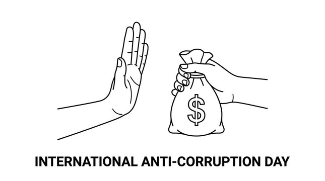 International anti-corruption day illustration with a hand rejecting a money bag stop corruption corporate