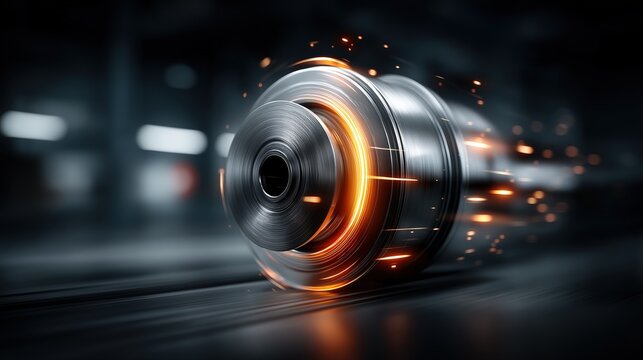 Industrial metallic flywheel in rapid motion generating dynamic energy with glowing orange light trails

