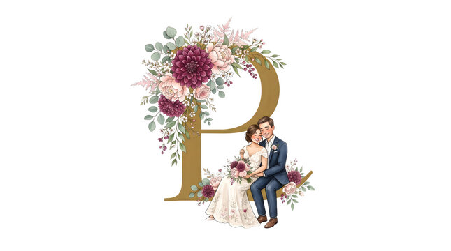 Alphabet letter p with floral arrangement and bride and groom, isolated on transparent background