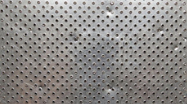 Perforated metal sheet texture with uniform circular holes for industrial design and background use