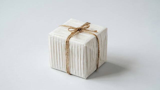A square gift box wrapped in white pleated paper and tied with rustic twine, isolated on white background