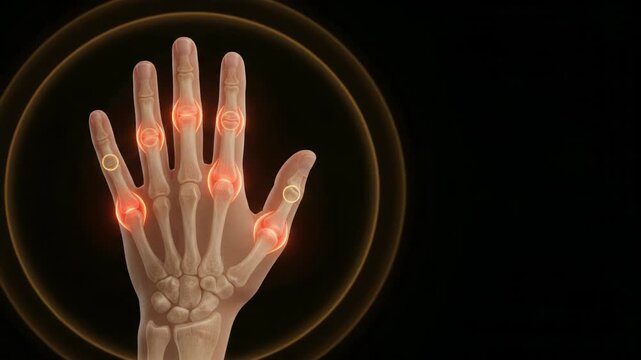 Hand Joint Pain Anatomy - Glowing Inflammation Rings Pulsing on Skeletal Joints - Medical 3D Animation Footage