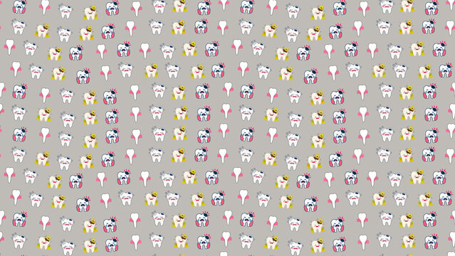Cartoon teeth characters pattern with dental expressions