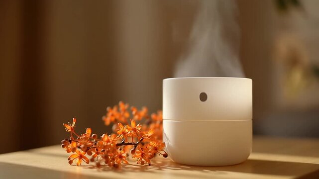 White aroma diffuser releasing soft rising mist beside small orange autumn flowers on a woven mat, relaxing aromatherapy and home fragrance concept, vertical video
