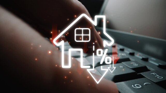 Hands Typing on Keyboard with House Icon and Decrease Percent Symbol Illustrating Real Estate Trends and Market Fluctuations in Digital Environment Sigmoid