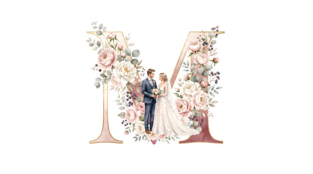 Elegant floral letter m with a wedding couple, bride and groom illustration, isolated on transparent background