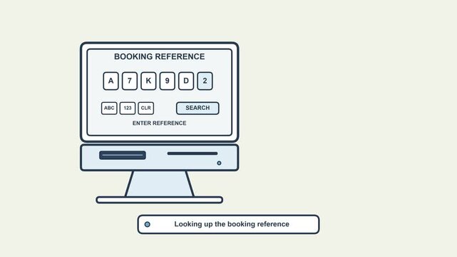 Flight booking reference lookup animation with reservation code entry, passenger record search and itinerary retrieval, clean airport motion graphic for airline check-in and travel booking systems