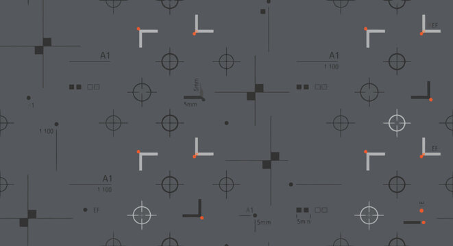 Printing registration marks seamless pattern with crosshairs and crop symbols on dark background