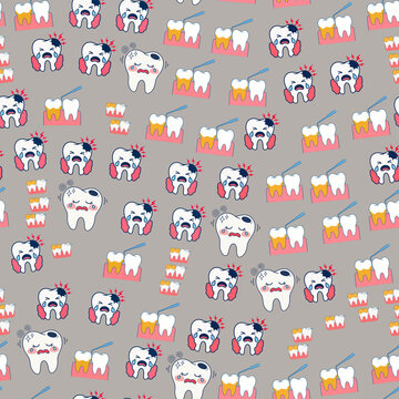 Cartoon teeth with dental issues and dental care pattern