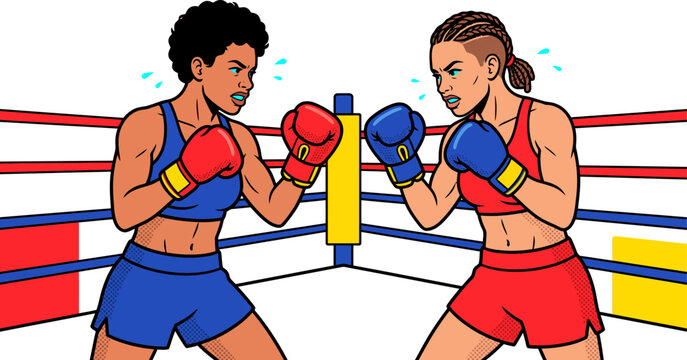 Two female boxers face-off in a ring, intense competition and athletic determination