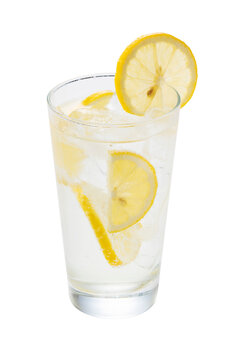 Glass of refreshing cold lemonade with lemon slices and ice isolated on transparent background