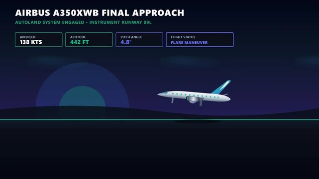 Digital flight dashboard showing airbus a350xwb telemetry during automated final approach and landing flare maneuver in a dark night sky