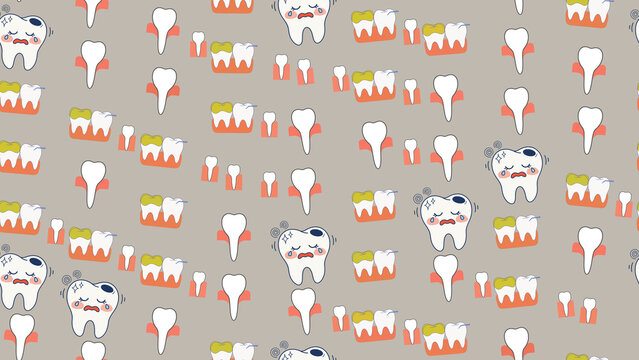 Cute cartoon teeth pattern with sad and healthy expressions