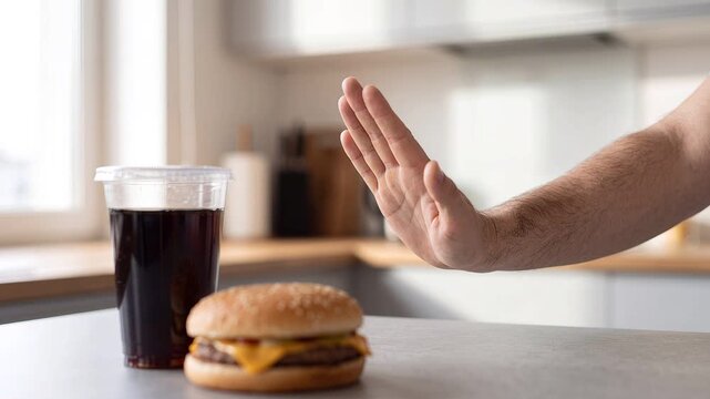 Person Refusing Junk Food Burger and Soda with Stop Hand Gesture in Kitchen
