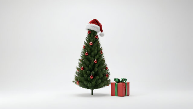 Christmas tree decorated with red ornaments and a santa hat next to a red gift box isolated on white background