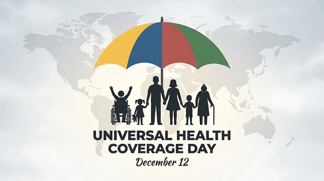 Universal health coverage day illustration with a diverse group of people protected by a colorful umbrella