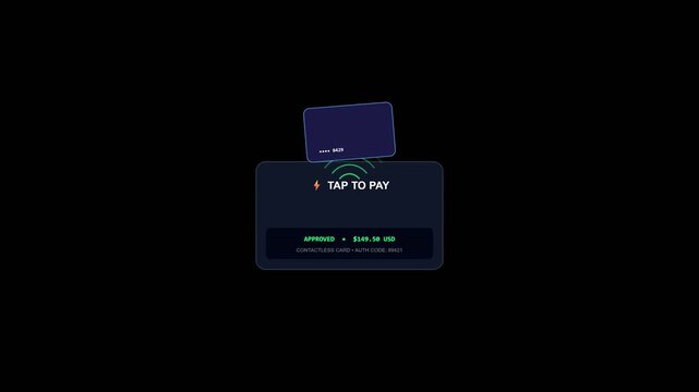 Seamless loop animation of a futuristic fintech payment interface with a dark blue card hovering above a 'TAP TO PAY' screen, showing transaction confirmation with glowing green text.