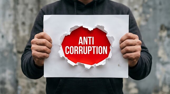 Person holding paper with anti-corruption text ripped through to reveal red background