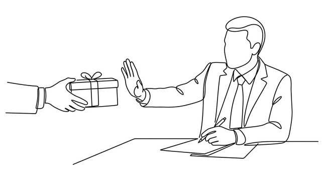 Line art of a businessman refusing a gift bribe at his office desk with business ethics