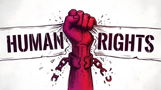 A raised fist breaking through a banner labeled human rights, symbolizing liberation, freedom, and the fight for justice