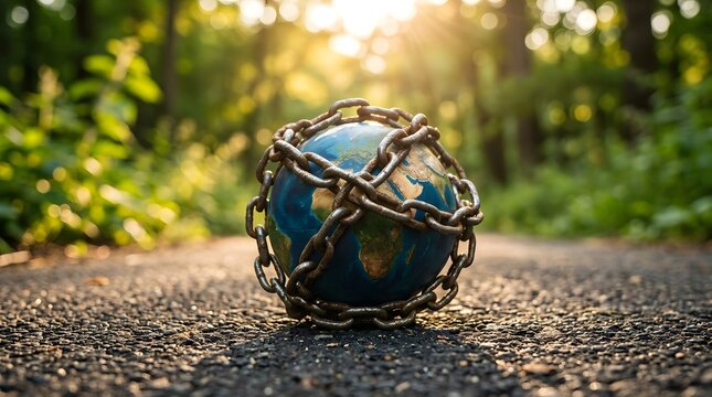 A globe of the earth wrapped in heavy iron chains resting on an asphalt road in a forest setting, symbolizing environmental crisis