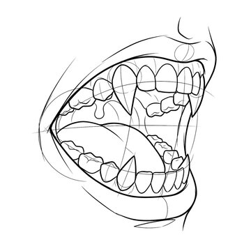 Hand drawn sketch of aggressive hissing vampire mouth isolated on white background. Black and white line art illustration.