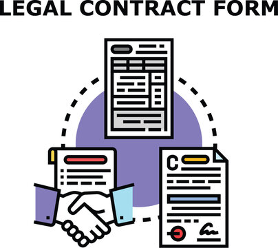 Legal contract form icon concept illustrating a formal agreement, partnership, and document signing process with a handshake and official paperwork