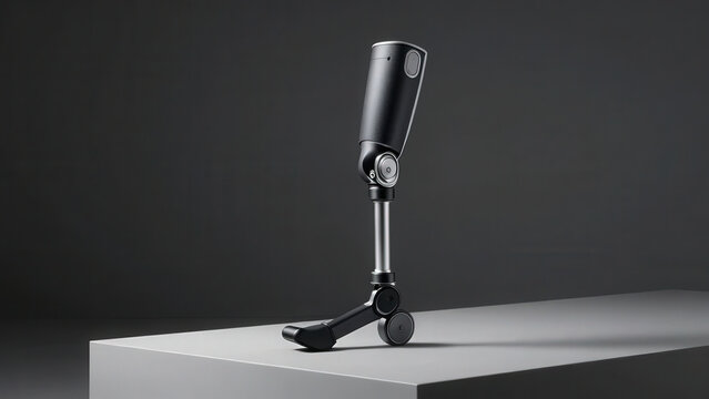 High-end product photograph of a modern lower-limb prosthetic leg displayed on an architectural pedestal, highlighting advanced medical engineering and design.