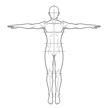 Hand drawn sketch of male body base suspended in air cross pose front view.