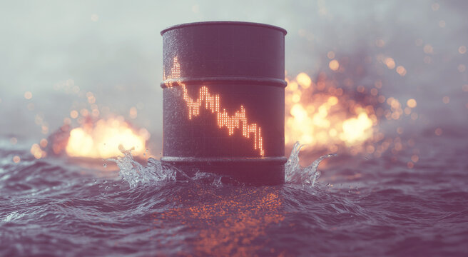 Oil barrel displaying a declining market chart, bobbing in rough waters with distant explosions, representing a commodity price crash