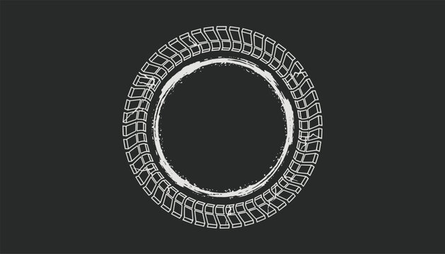 Grunge tire track frame texture in a circular stamp shape isolated on a dark gray background for rugged automotive design.