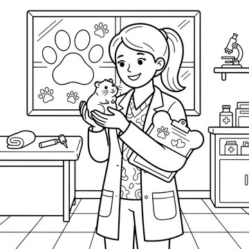 Coloring page of veterinarian holding a hamster outline vector