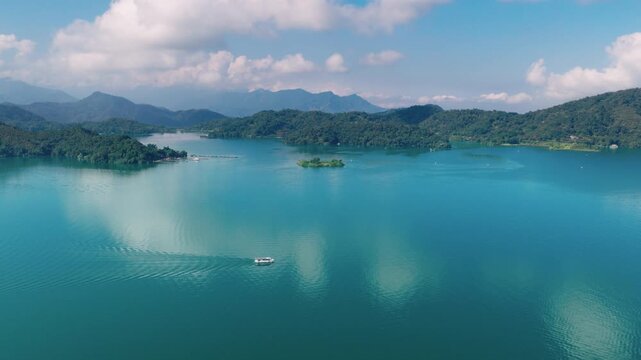 Aerial drone footage over the sun moon lake  in Taiwan