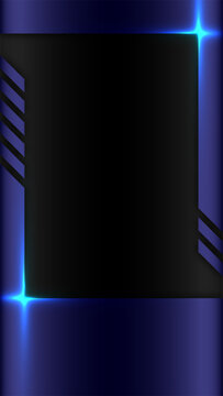 Futuristic dark blue and black geometric frame template with bright neon lens flares for technology and gaming background
