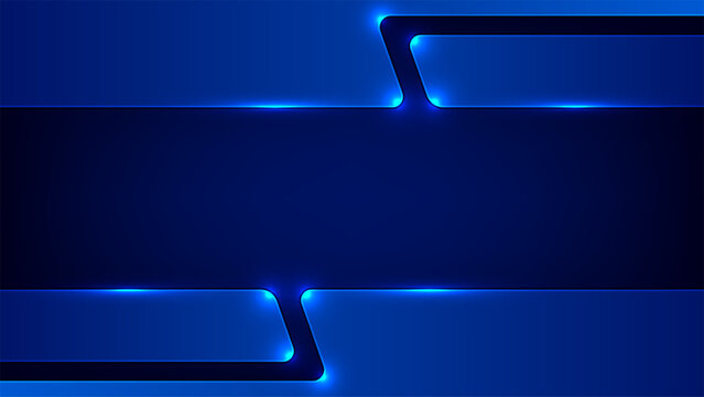 Futuristic dark blue metallic background with glowing neon lights and smooth geometric layers for technology banner digital design sci fi wallpaper concept
