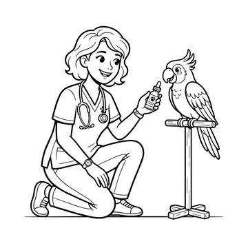 Female veterinarian examining a parrot coloring page vector