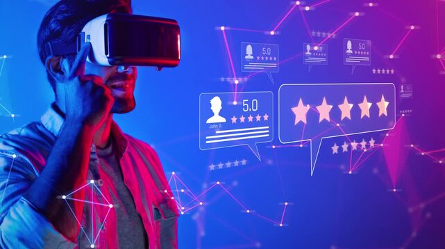 A man experiences virtual reality while surrounded by glowing digital ratings and reviews. This image captures the intersection of technology and user engagement in modern entertainment. Raster