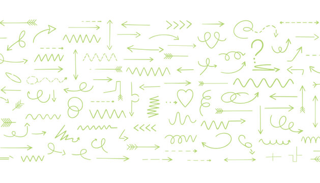 Hand drawn seamless pattern of light green arrows waves curly lines and checkmarks on a white background.