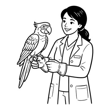 Female veterinarian holding a parrot outline vector illustration