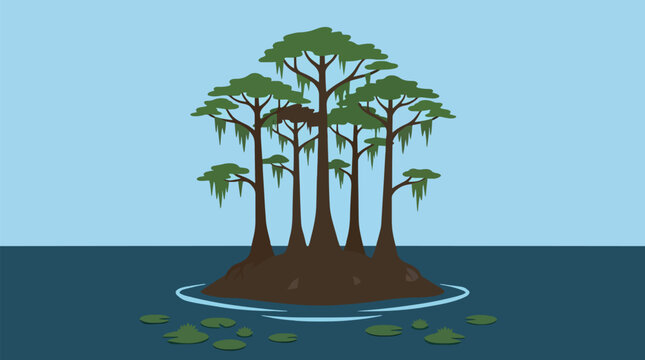 Flat vector illustration of bald cypress trees with Spanish moss growing on a small island in a calm swamp under a clear blue sky.