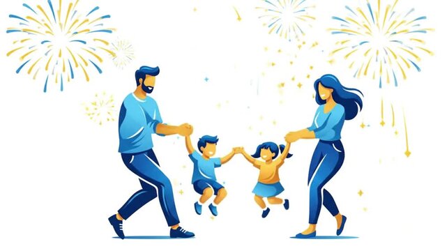 Happy family of four holding hands and swinging children together while walking under colorful fireworks, joyful celebration flat animation