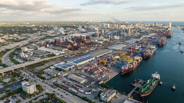 An aerial photograph captures a sprawling port complex in Miami, Florida. Several large container ships are docked at the waterfront, alongside numerous cranes and cargo handling equipment.
